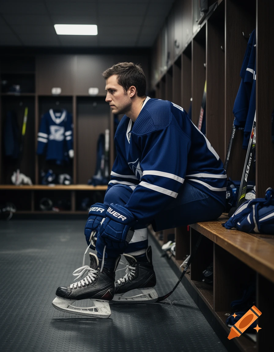 Photorealistic side profile of a hockey player in a blue uniform sitting on a locker room bench, taking off his skates.