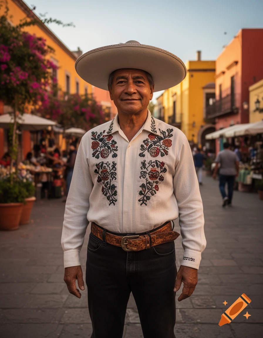 Photorealistic portrait of a smiling man wearing a sombrero and embroidered white shirt on a colonial street.