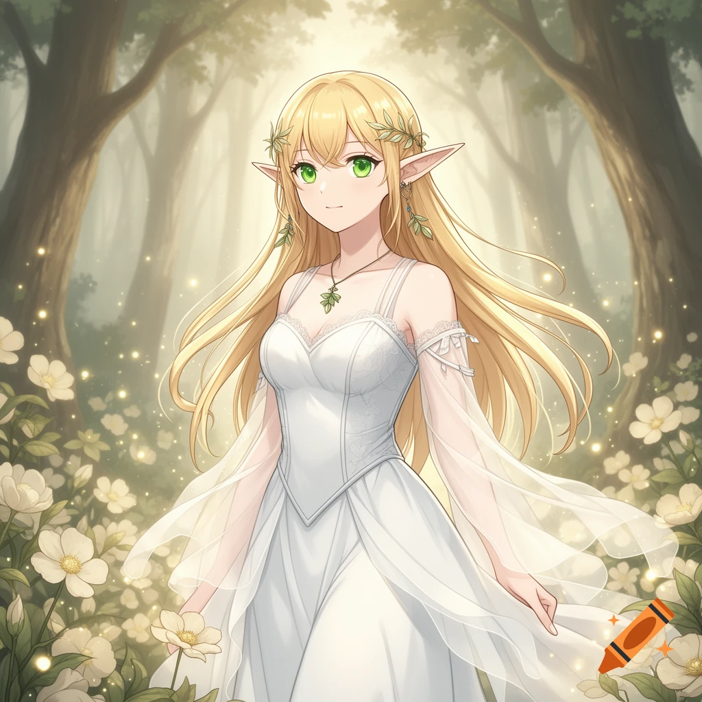 Anime elf with long blond hair and green eyes wearing a white dress in a mystical forest.