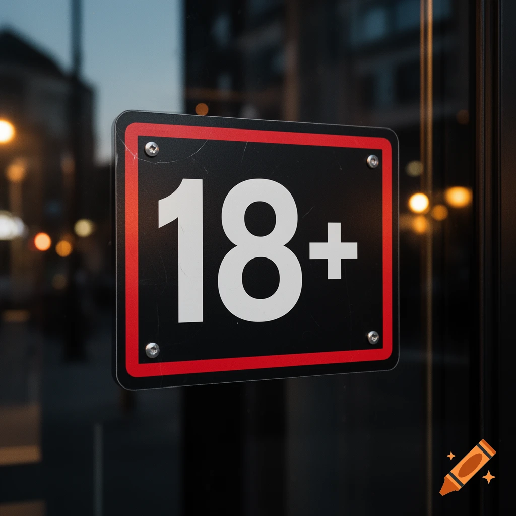 Close-up photograph of a black rectangular sign with a red border and white '18+' text mounted on a glass surface.