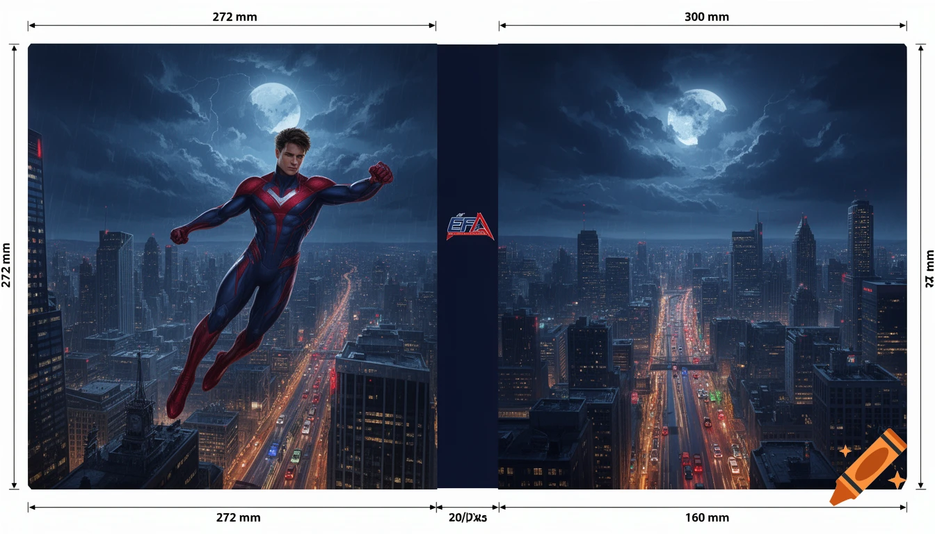 Horizontal wraparound game cover template featuring a superhero flying over a city at night with dimensions and grid markings.