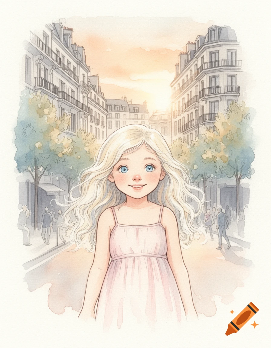 Watercolor drawing of a cute young girl with wavy blonde hair and blue eyes standing in a city street with buildings.