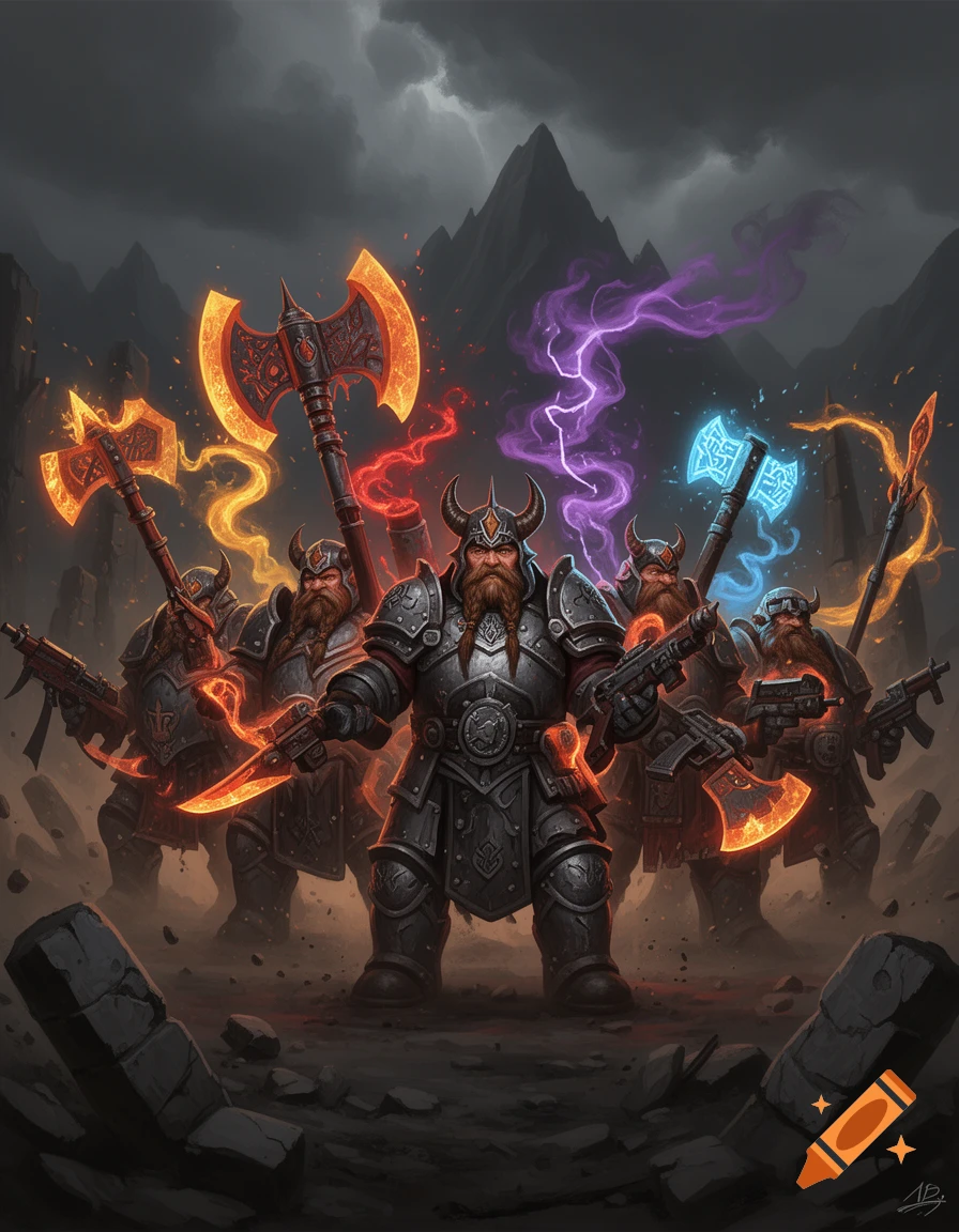 Digital painting of a group of armored fantasy dwarves with glowing weapons and magic effects.