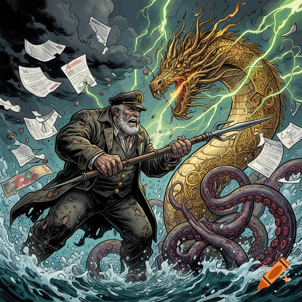 Comic book style illustration of an old sea captain fighting a golden dragon and a kraken amidst stormy seas and blowing paperwork.