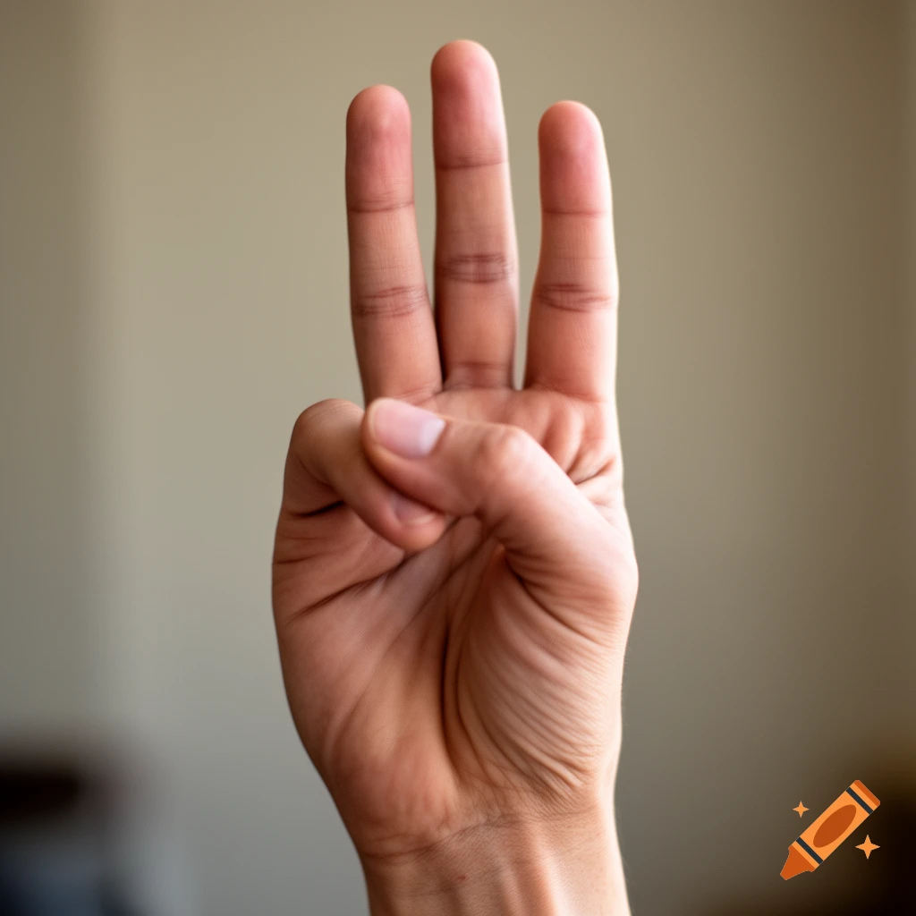 Close-up photorealistic shot of a human hand showing a three-fingered salute against a neutral background.