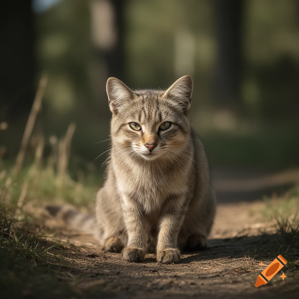 Photorealistic photo of a small wild cat sitting on a forest path.