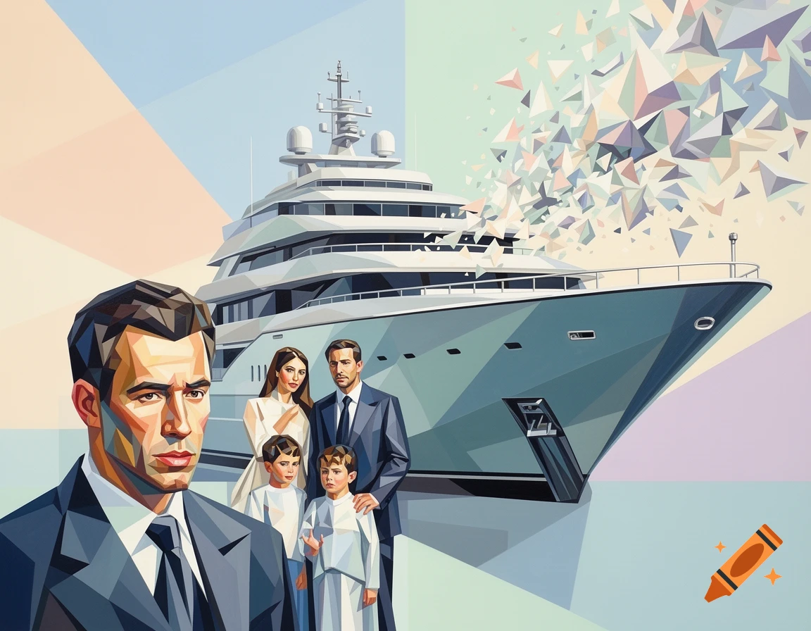 Cubist-style illustration featuring a prominent superyacht bow, a man in the foreground, and a family in the background with geometric fragments.
