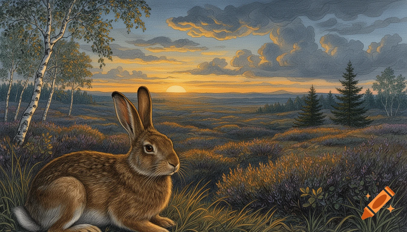 Detailed drawing of a hare in a heath landscape during sunset, in the style of Old Masters.