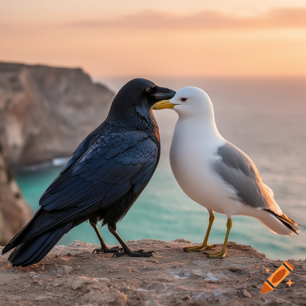 A close-up photorealistic image of a black crow and a white seagull leaning toward each other affectionately on a Mediterranean cliff at sunset.