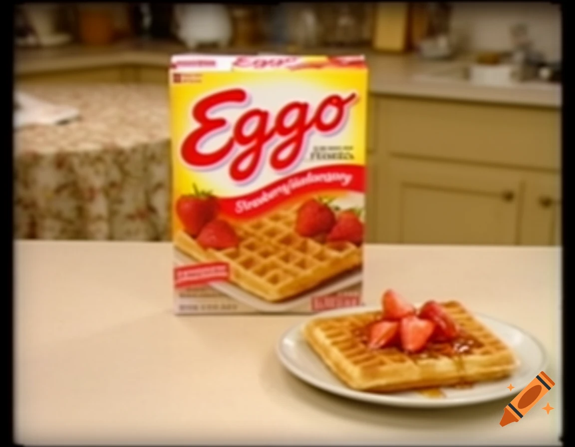 An Eggo strawberry waffles box and a plate of waffles with strawberries and syrup on a kitchen counter, 1998 commercial style.