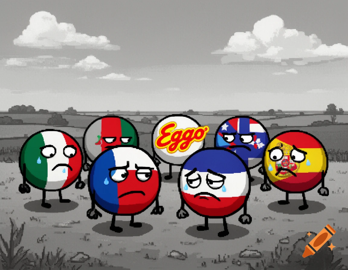 Cartoon countryballs with arms and legs looking sad in a desolate landscape surrounding a white ball with an Eggo logo.