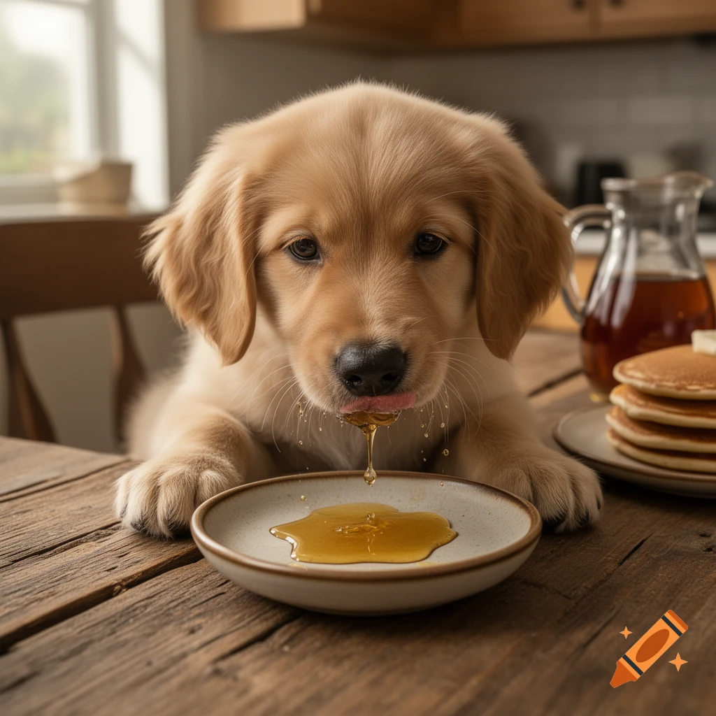 Photorealistic image of a golden retriever puppy licking maple syrup from a small bowl on a wooden table.