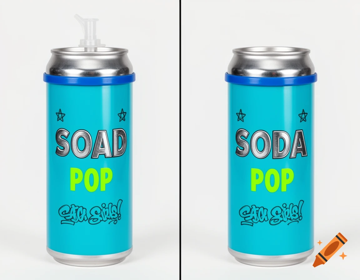 Two side-by-side photos of a turquoise and silver soda can, with the left one having a dispenser pump and the right one open.