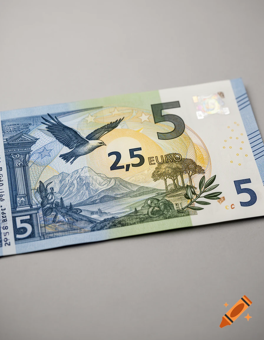 Close-up photograph of a fictional 2.5 Euro banknote featuring a bird in flight, mountains, and trees.