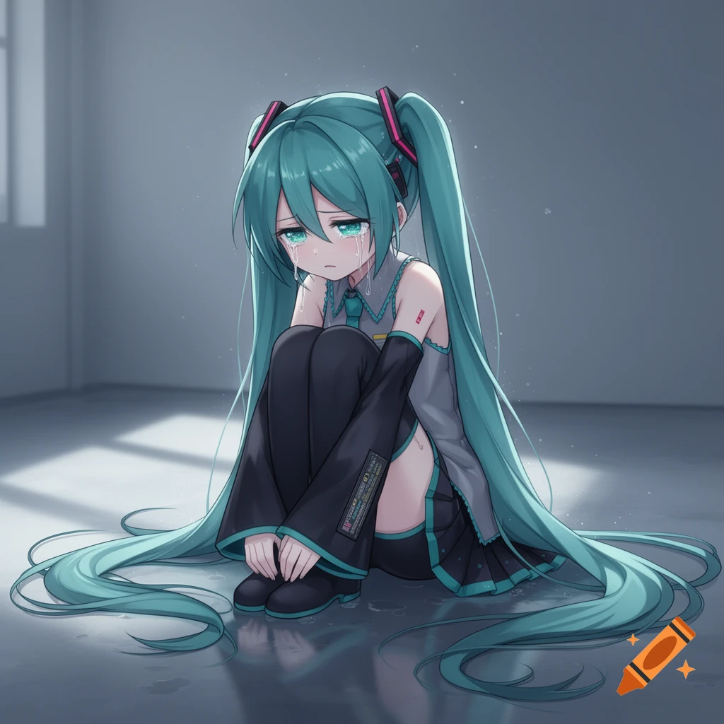 An anime illustration of Hatsune Miku sitting on the floor with her knees pulled to her chest, crying with tears in her eyes.