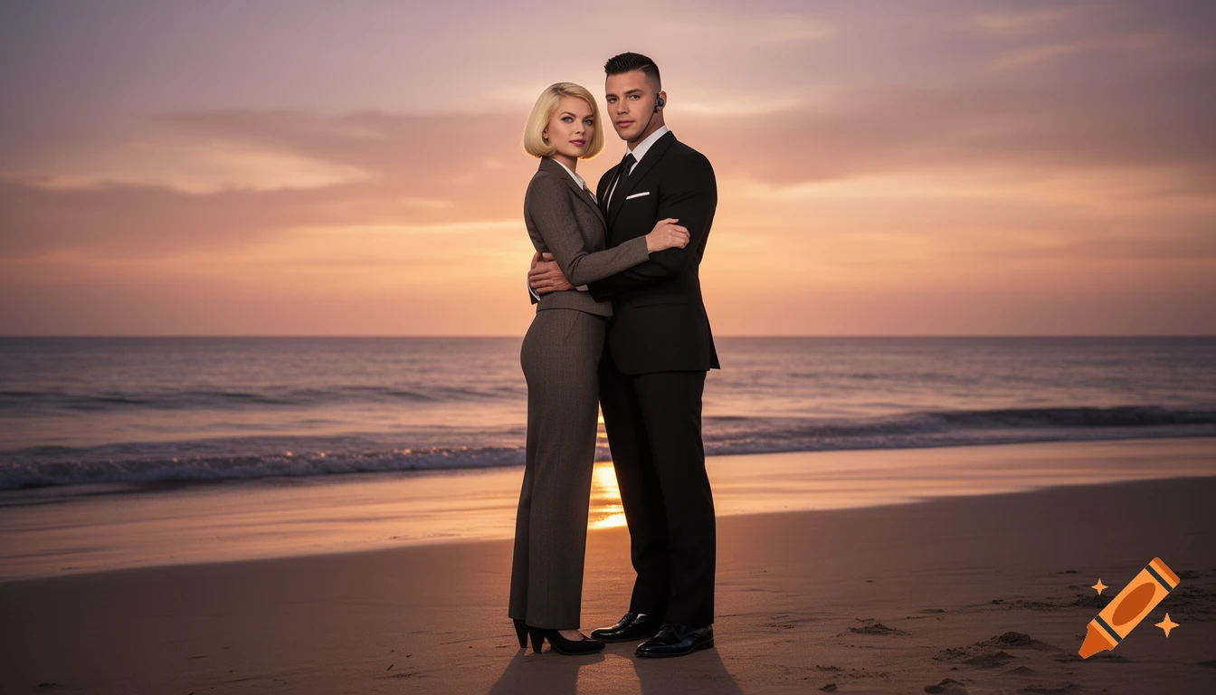 Photorealistic image of a blonde woman in a grey suit embracing a man in a black suit on a beach at sunset.