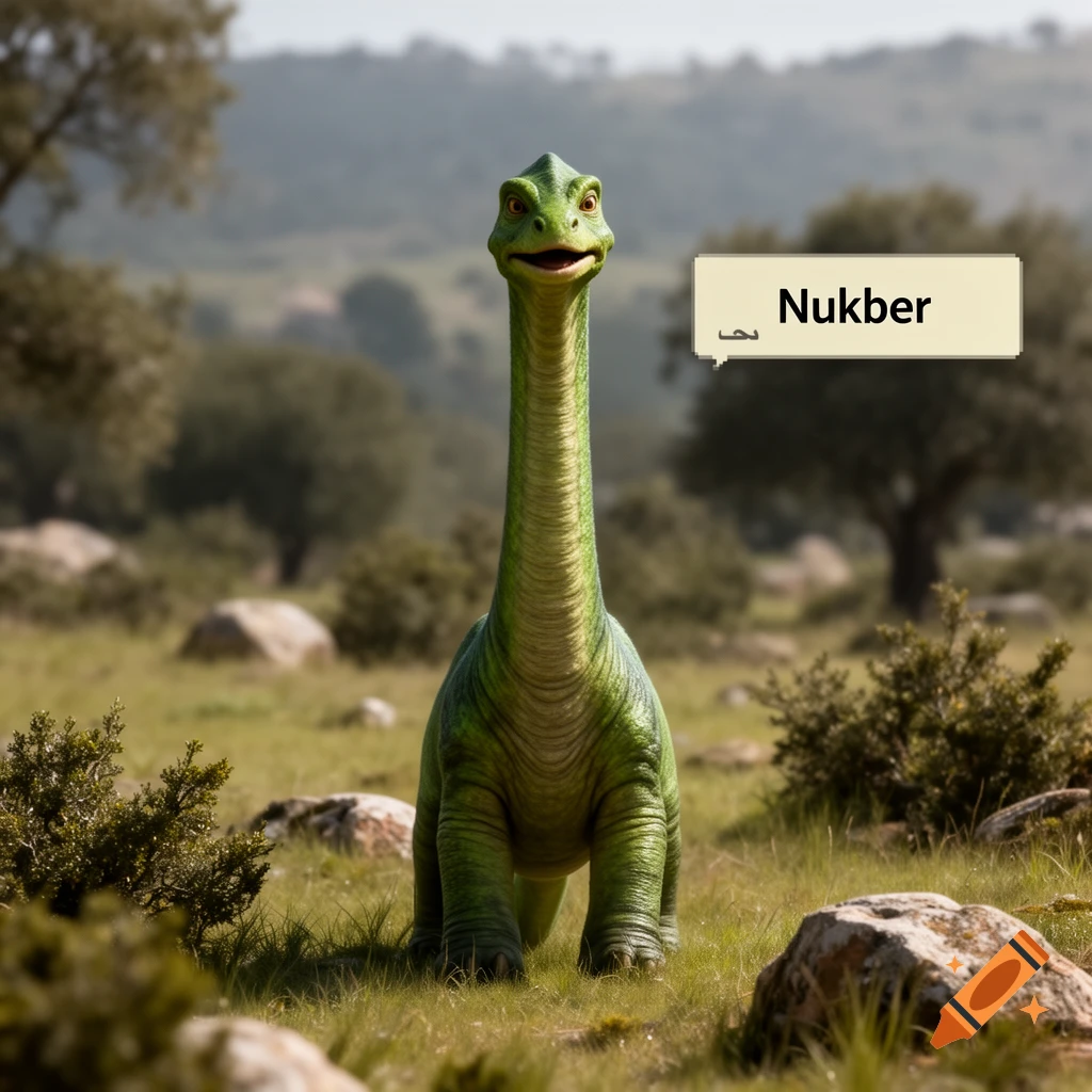 A photorealistic green long-necked dinosaur standing in a grassy field with a speech bubble containing incorrect text.