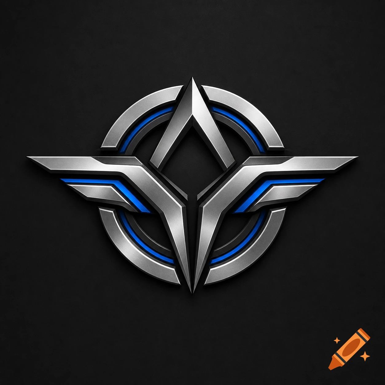 Metallic silver and blue futuristic emblem on a dark textured background.