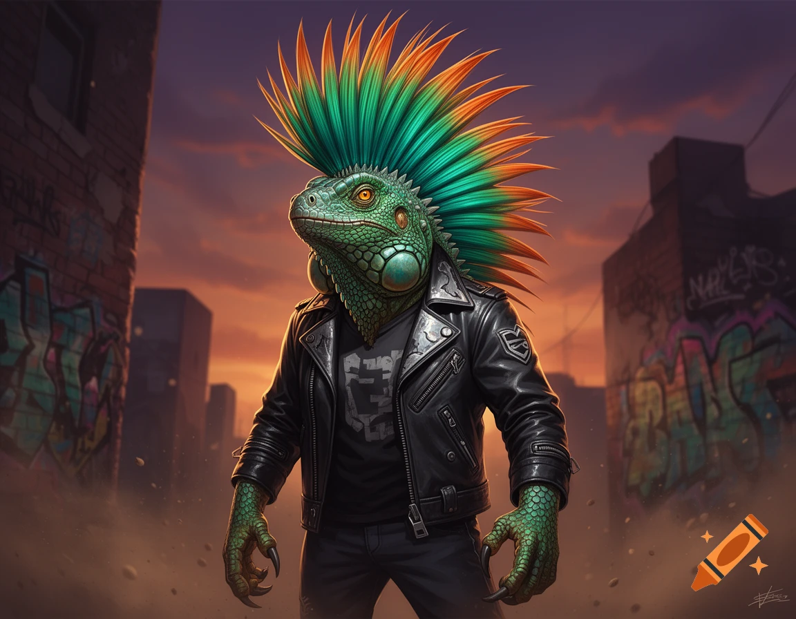 An anthropomorphic iguana with a large green and orange mohawk and a black leather jacket, standing in an urban alleyway at sunset.
