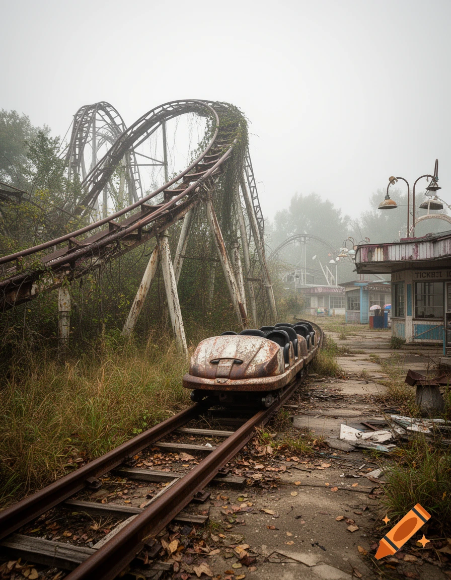 An abandoned rollercoaster overgrown with vines and moss in a foggy, lost amusement park, photorealistic.