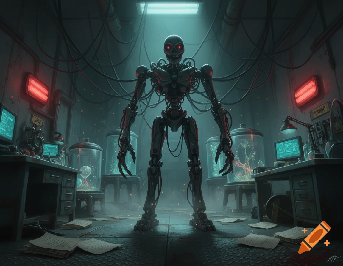 A terrifying robotic skeleton monster with glowing red eyes stands in a dark, dimly lit laboratory filled with wires and glass tanks.