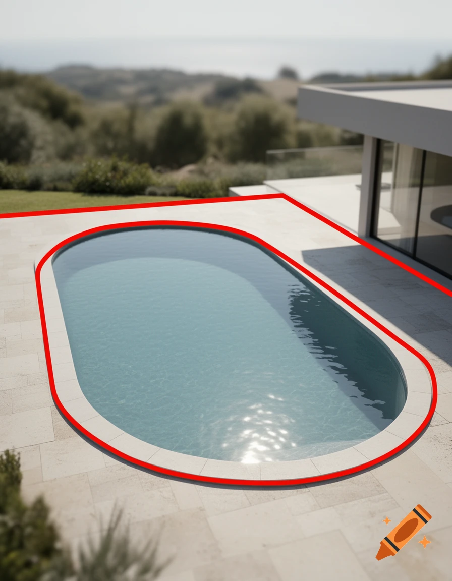 Photorealistic modern house exterior with an oval swimming pool and patio.