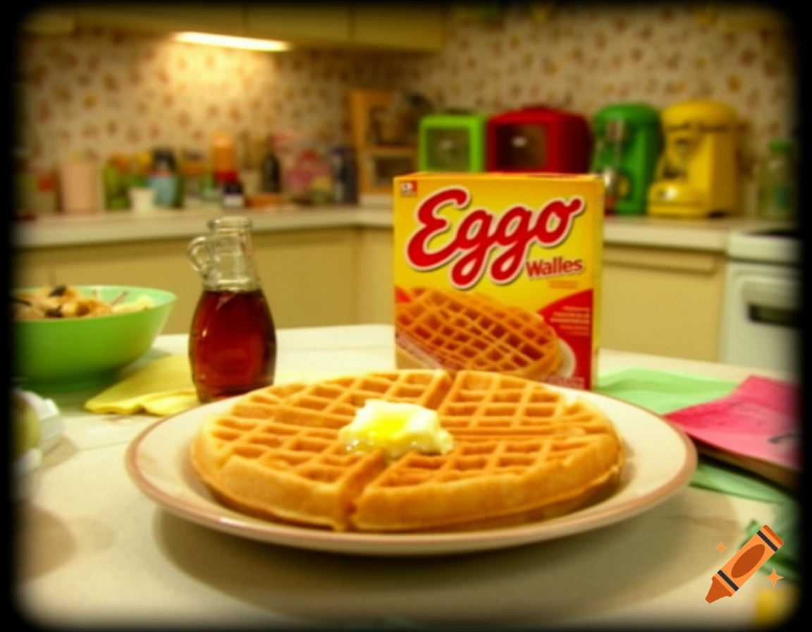 A plate of waffles with butter and syrup in the foreground, with an Eggo box and retro kitchen in the background, low quality found footage style.