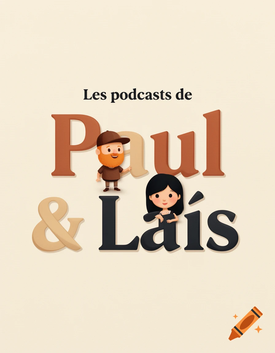 Podcast poster design with stylized typography reading Les podcasts de Paul & Laïs and small cartoon characters emerging from letters.