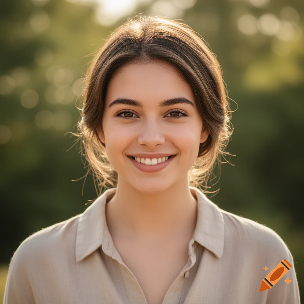 Photorealistic close-up portrait of a smiling young woman with brown hair outdoors in soft natural light.