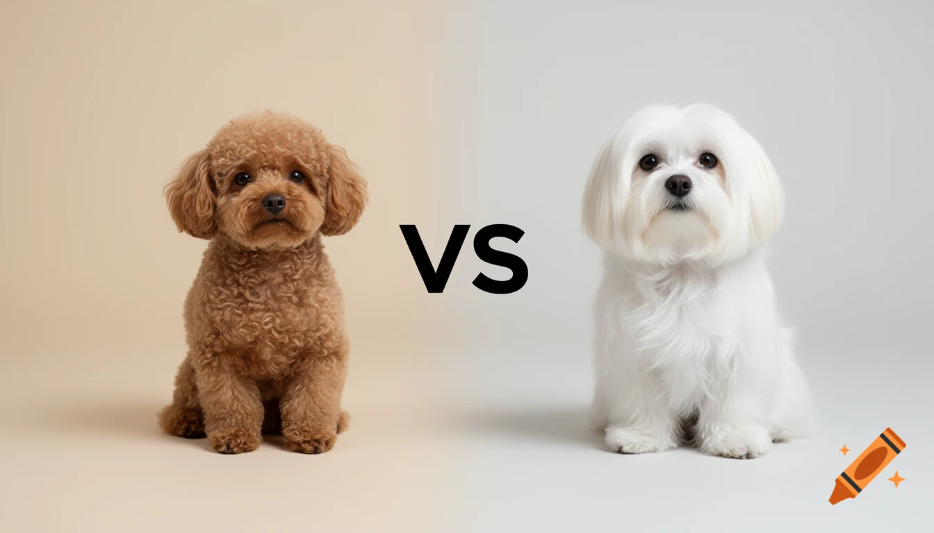 A toy poodle on the left and a bichon frise on the right with the word VS in the middle.