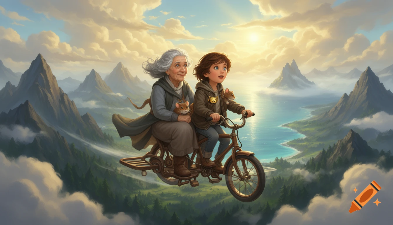 Digital children's book illustration of an elderly woman and a girl flying on a bicycle through a mountain and sea landscape.