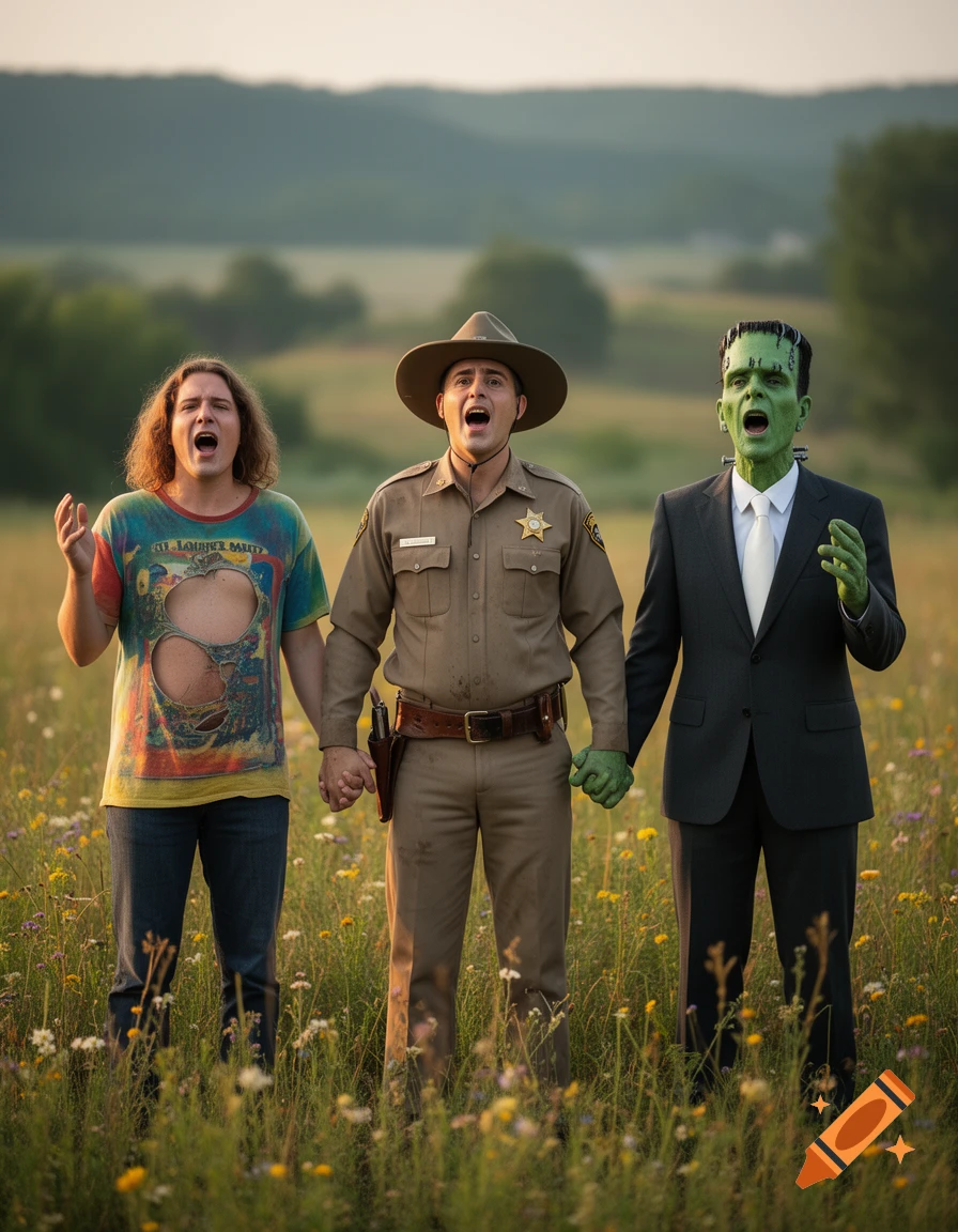 A hippie in a torn t-shirt, a bug-eyed sheriff, and Frankenstein's monster in a suit hold hands and sing in a grassy field.