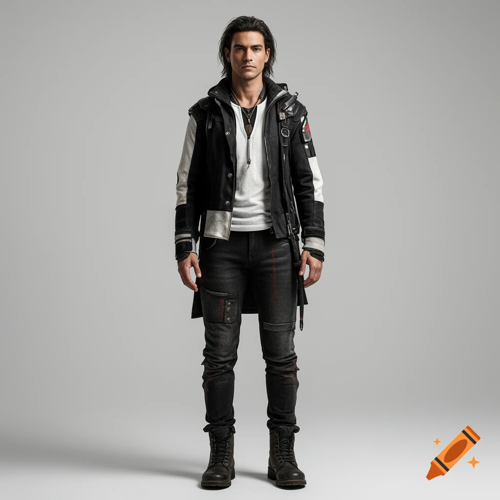 Full-body portrait of a man with dark hair, wearing a layered black and white jacket, dark jeans, and boots against a grey background.