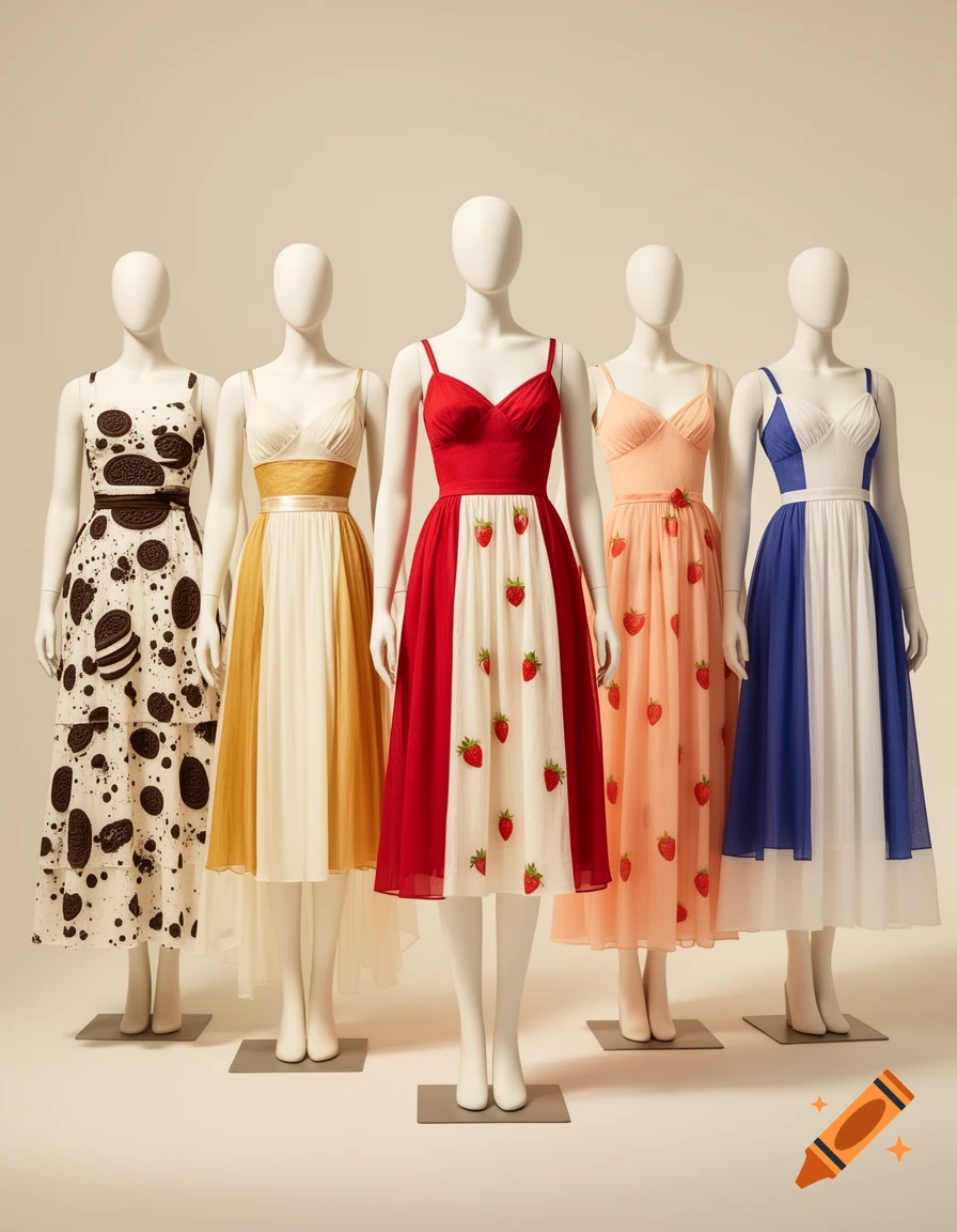 Five white mannequins wearing various themed sundresses standing in a row against a beige background.