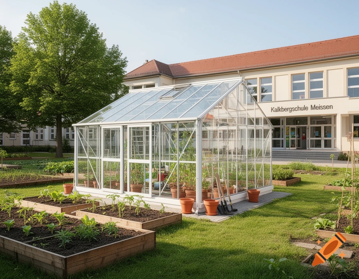 Photorealistic image of a glass greenhouse in a school garden with raised beds and the Kalkbergschule Meissen building in the background.