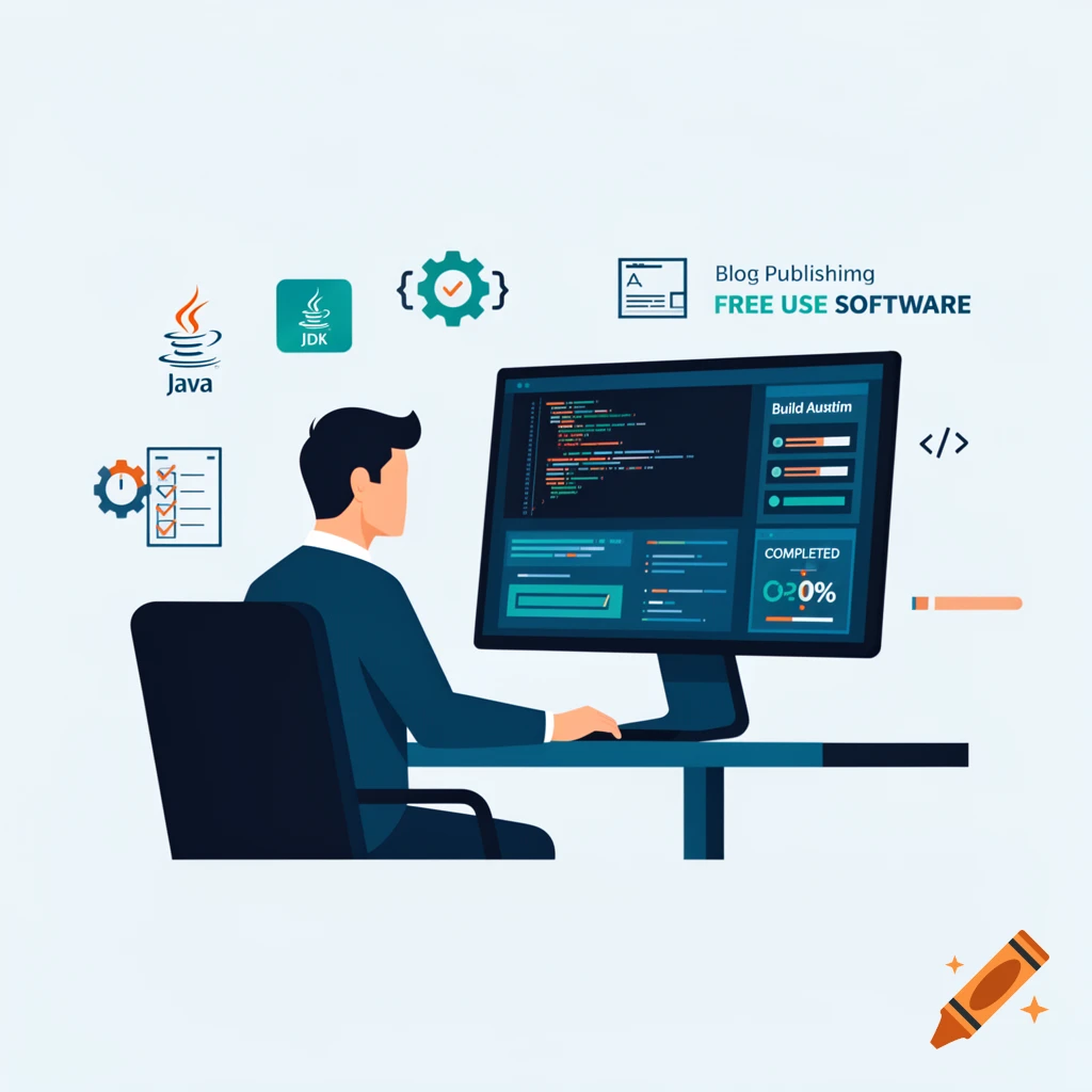 Vector illustration of a person sitting at a desk programming in front of a computer monitor displaying code.