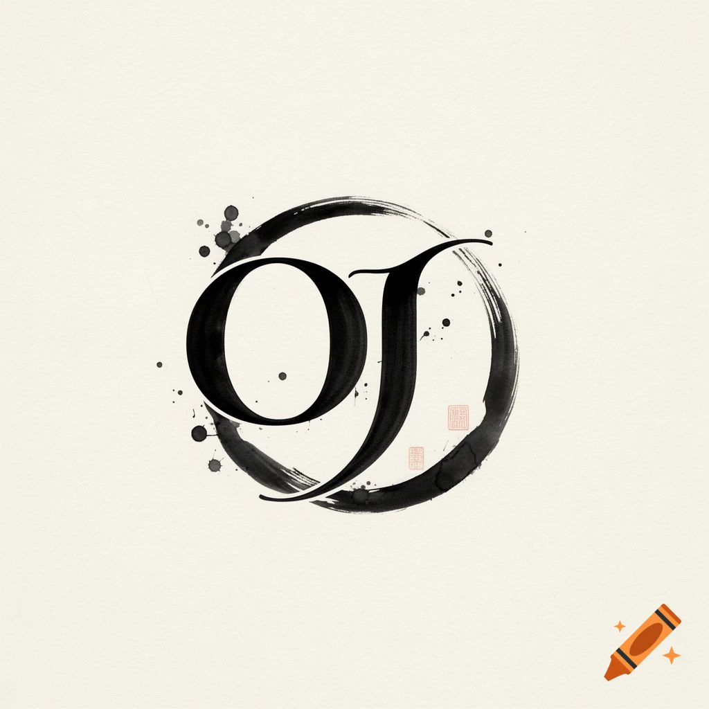Intertwined letters O and J in Japanese calligraphy style, black ink on textured cream paper.