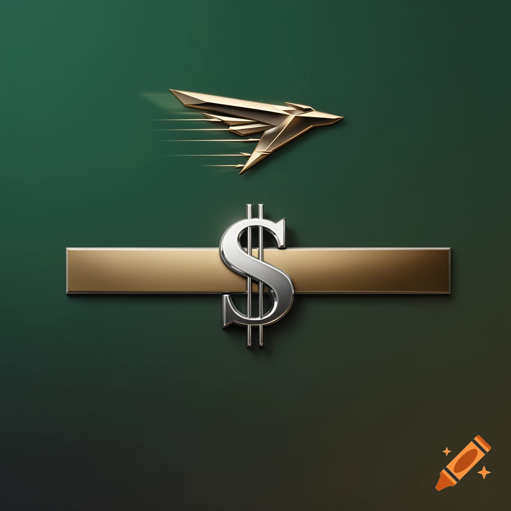 Metallic silver dollar sign overlapping a horizontal gold bar with a stylized golden flying bird emblem above on a green background.