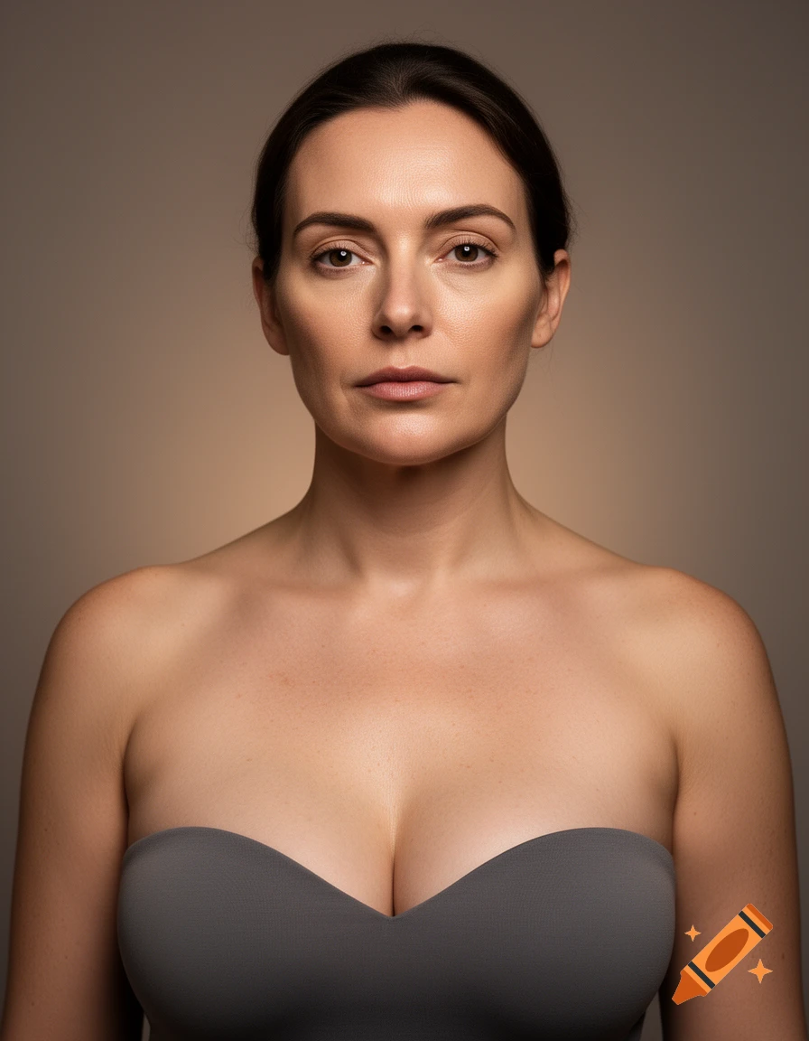 Close-up photorealistic portrait of a woman with dark hair in a gray strapless top against a neutral background.