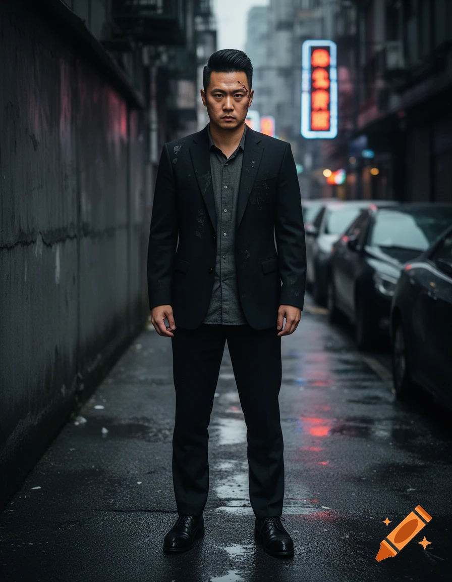 Photorealistic portrait of a young Chinese man in a black suit standing in a wet rainy alleyway at night.