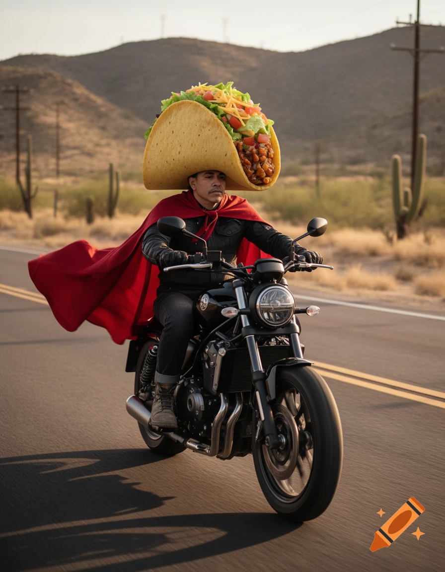 Photorealistic image of a person wearing a large taco as a hat and a red cape, riding a motorcycle on a desert road.