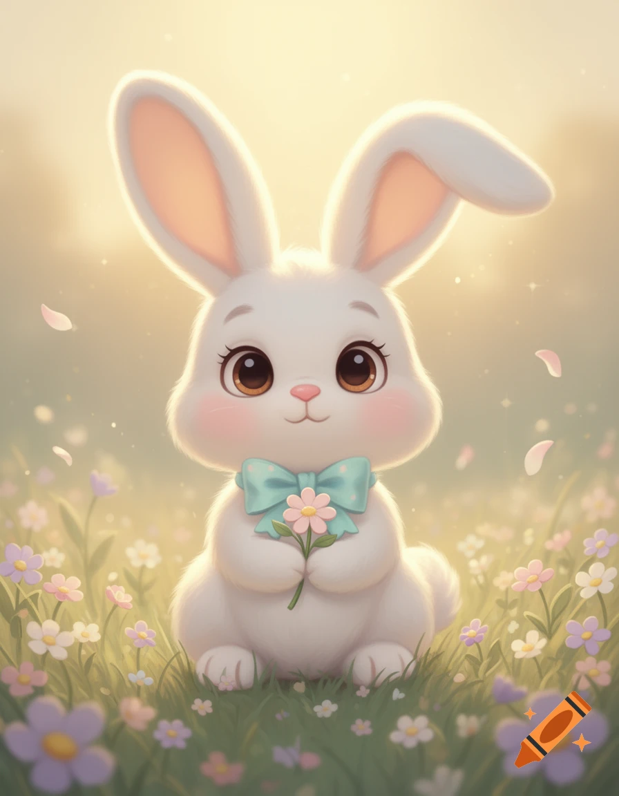 Digital illustration of a cute white cartoon rabbit with a blue bow, holding a small pink flower in a field of flowers.