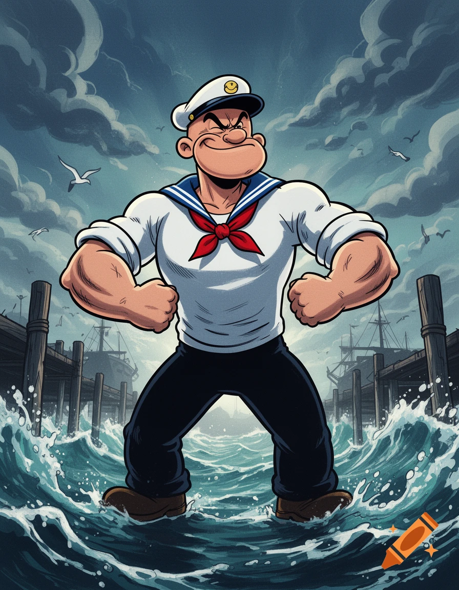 Illustration of Popeye flexing his muscles while standing on the water near wooden docks under a stormy sky.