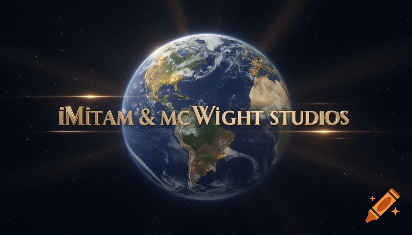 Cinematic shot of planet Earth in space with the golden text 'iMitam & mc Wight studios' across the center.