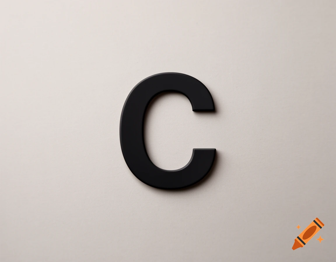 A black 3D letter C mounted on a plain light grey wall, minimalist style.