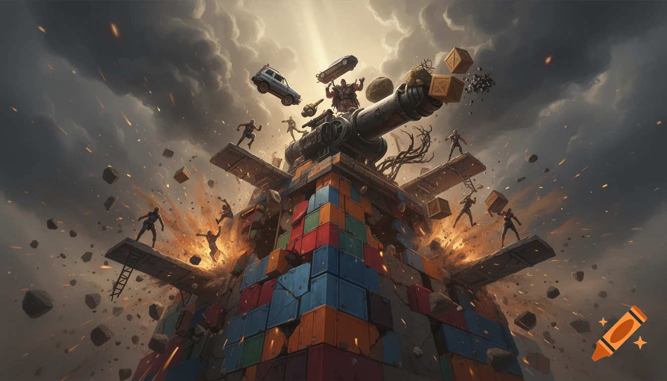 Digital painting of a chaotic multiplayer game scene with a towering stack of colorful blocks being attacked by a giant cannon.