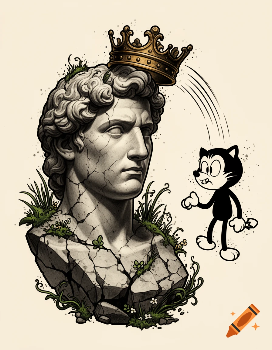 Tattoo design featuring a cracked classical marble bust wearing a crown, with a 1930s-style cartoon cat removing it.