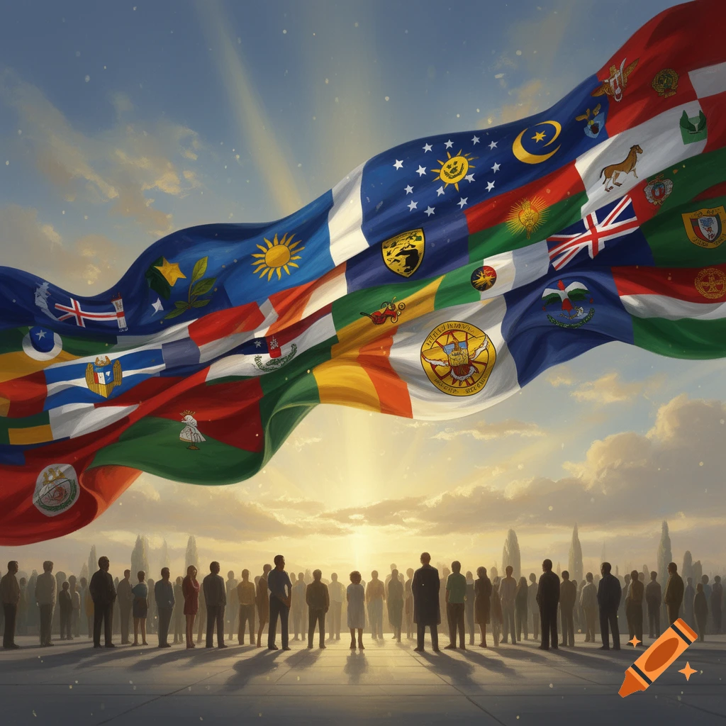 A large multi-national flag waves in the sky above a crowd of people looking toward a bright sunrise.