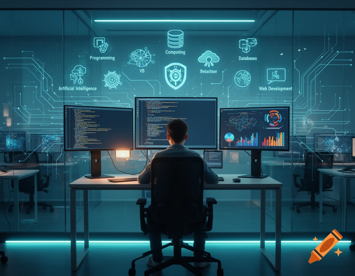 A person sitting at a desk with multiple monitors, viewed from behind in a tech-themed office with glowing UI icons.