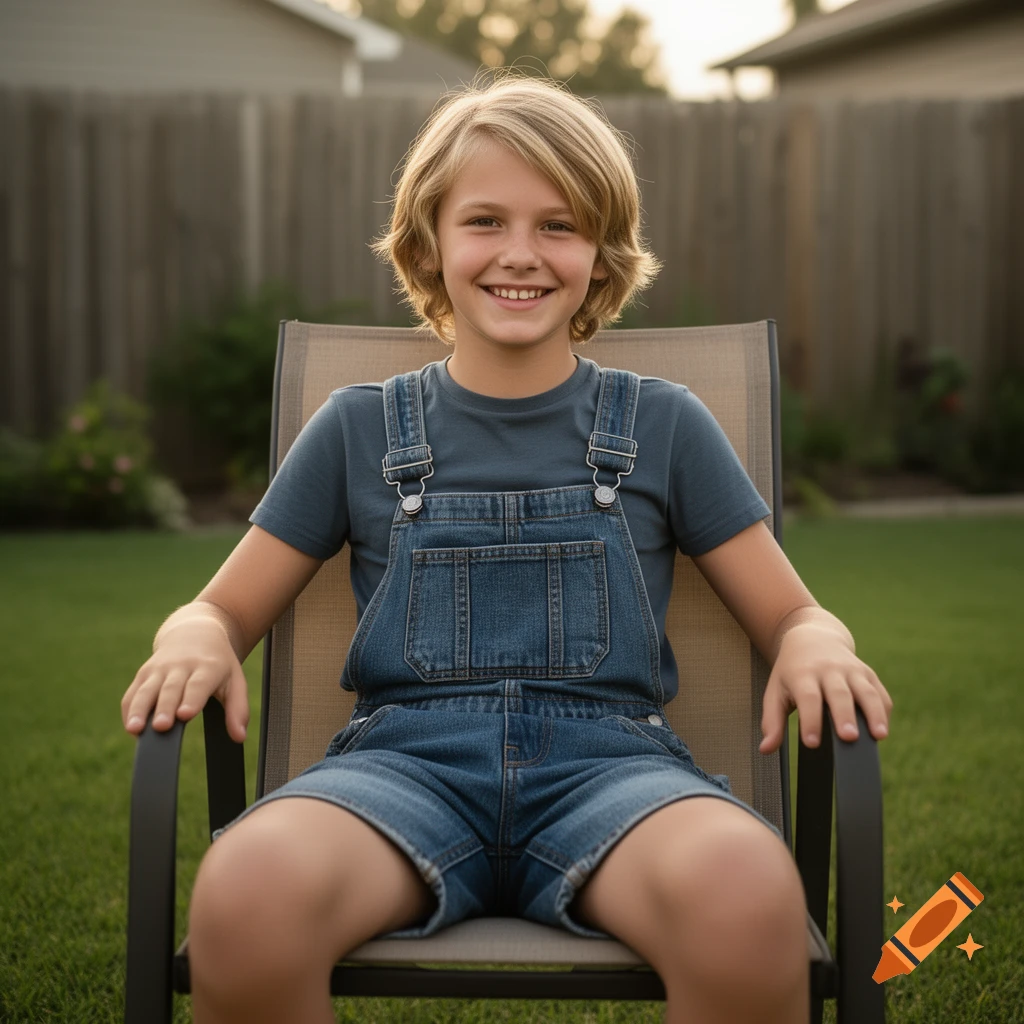 Photorealistic portrait of a smiling 13-year-old boy with medium-length blond hair wearing denim overalls shorts sitting on a backyard lawn chair.
